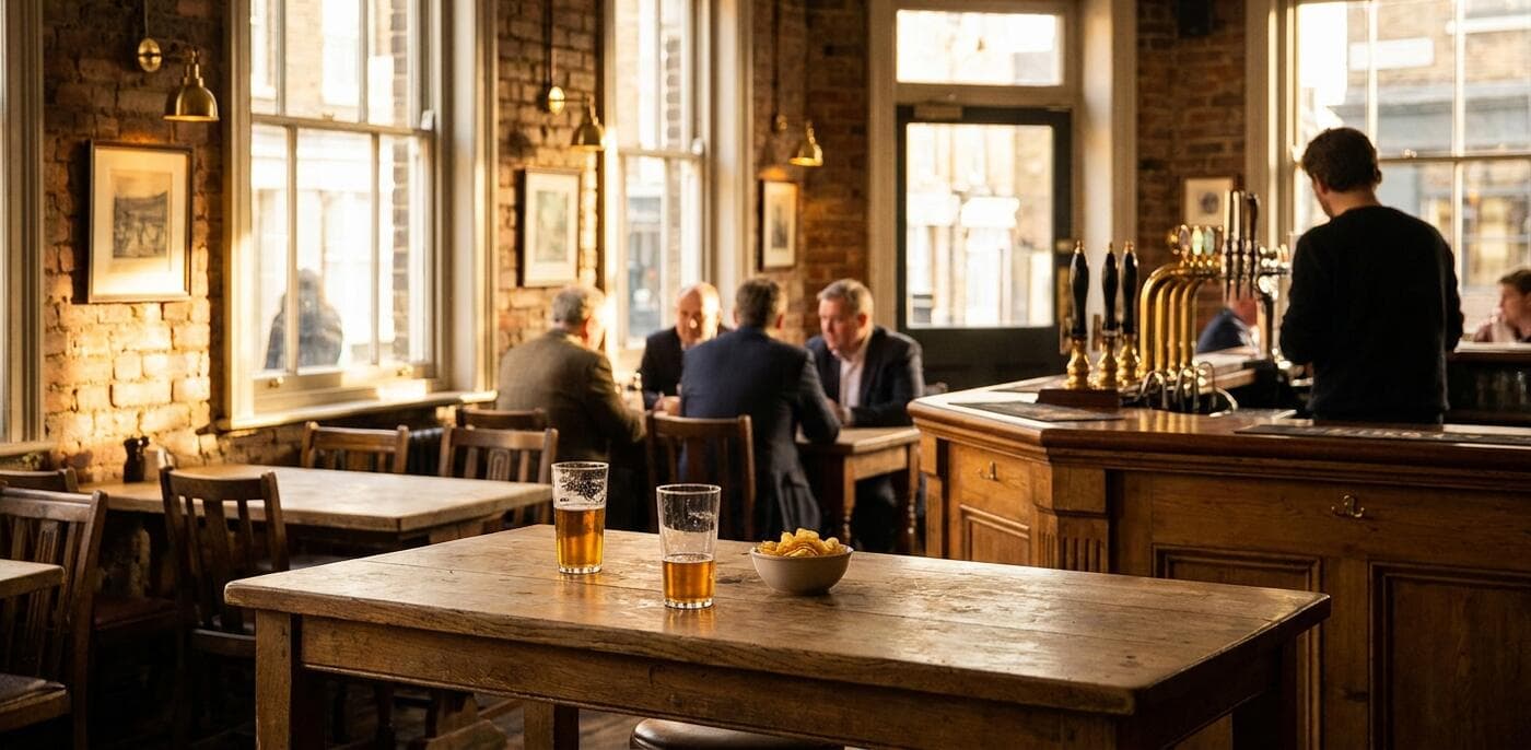 A warm, sunlit pub interior in early evening